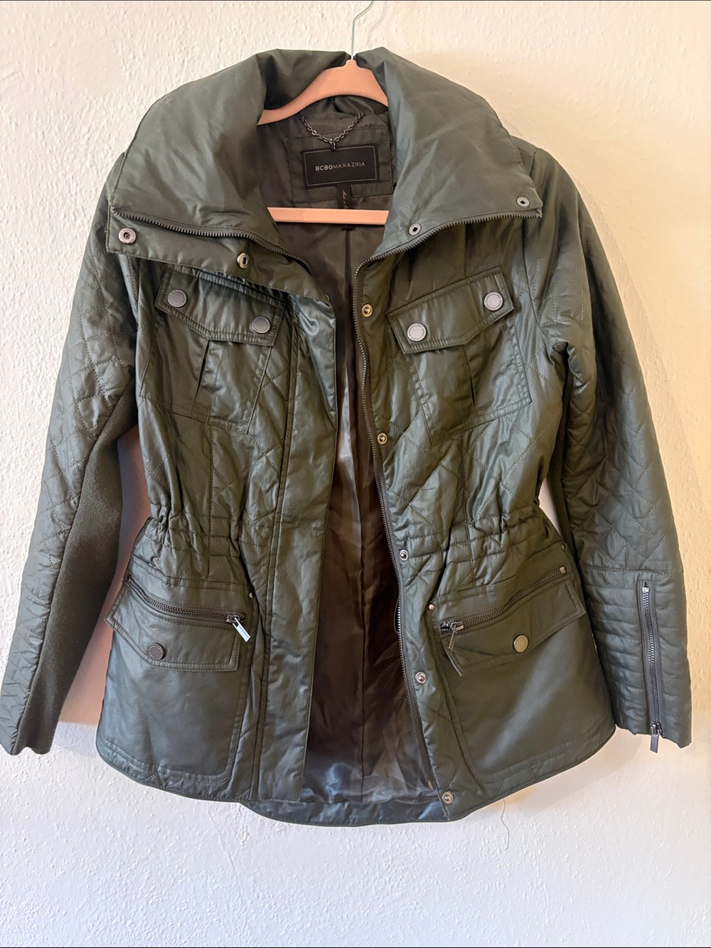 BCBGMaxAzria Quilted Olive Utility Jacket with High Collar